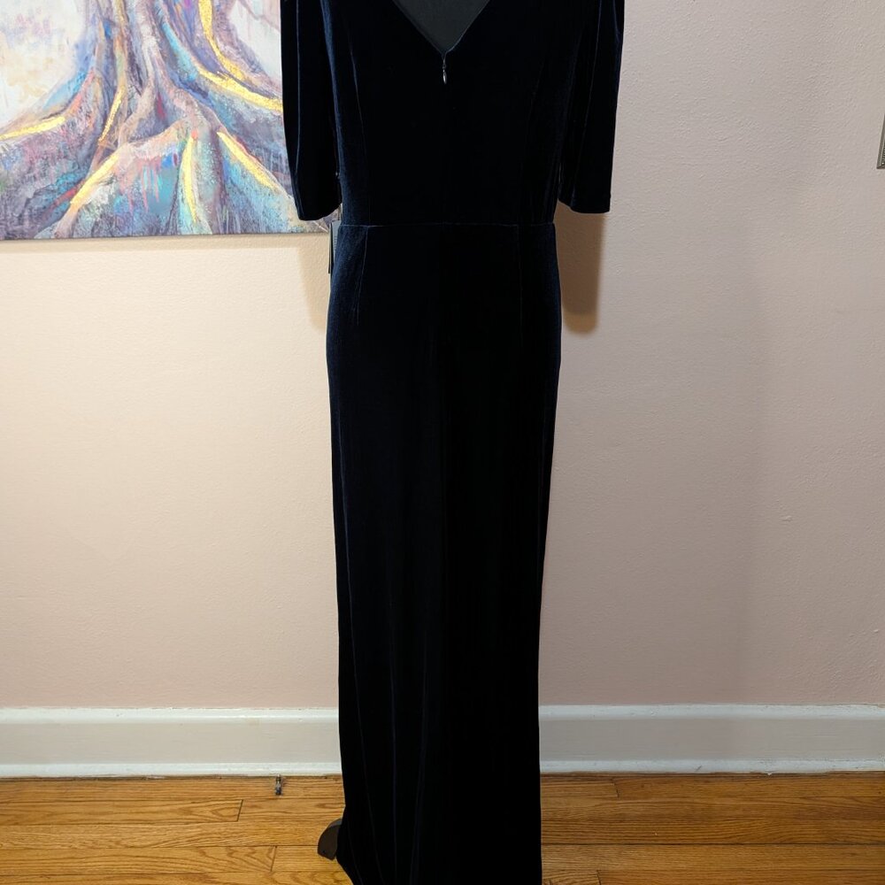Navy Blue Velvet High-Low Dress Ruched V-Neck Wedding Guest Formal Cocktail Sz 8 - Picture 6 of 13